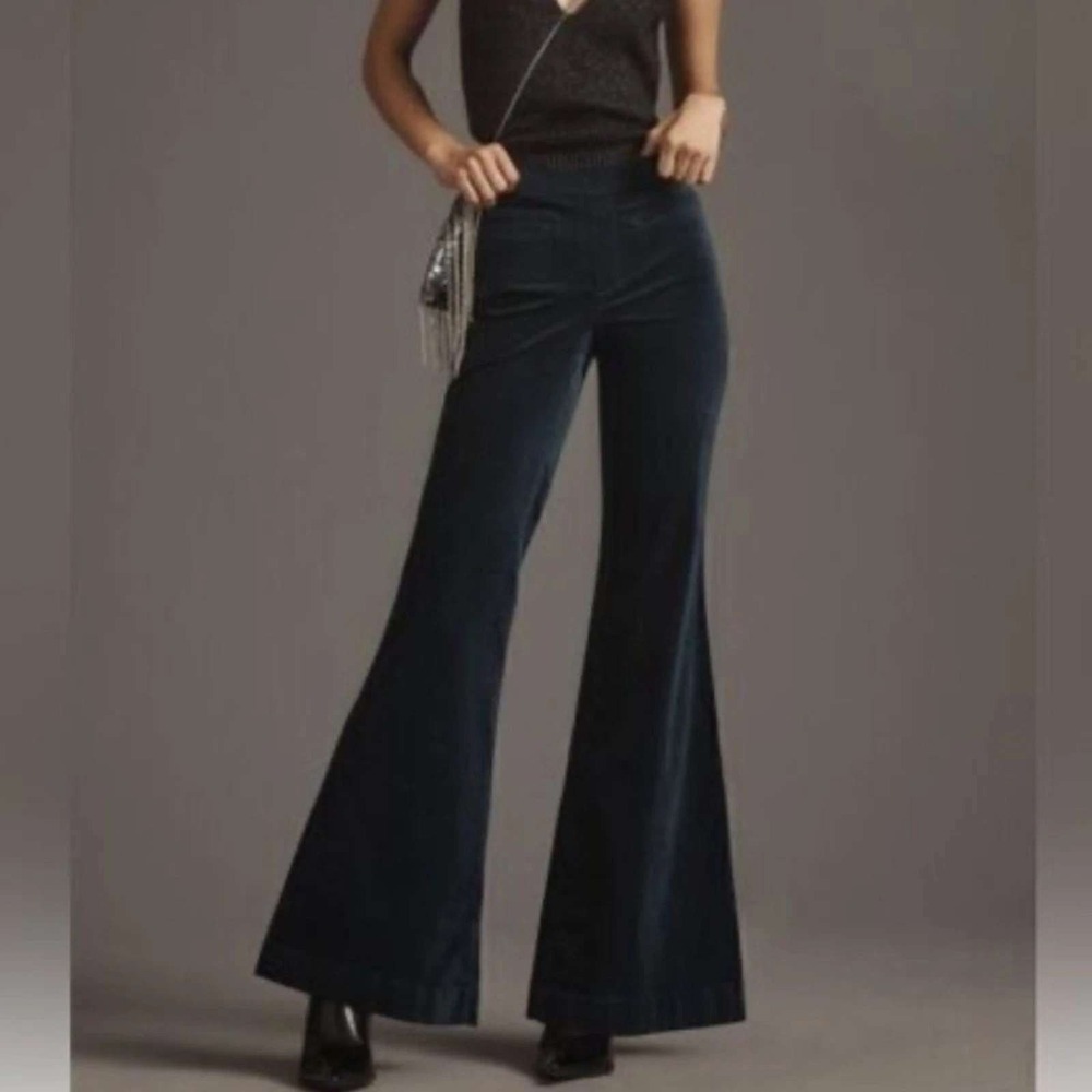 Pilcro Anthropologie Pull On Velvet Flare Retro Pants Green Mid Rise Women Sz 26